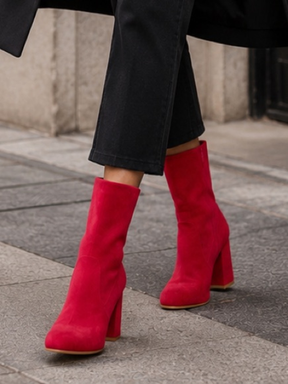 Allegra K Bright Red Faux Suede Mid Calf Block Heel Booties Sz 7.5